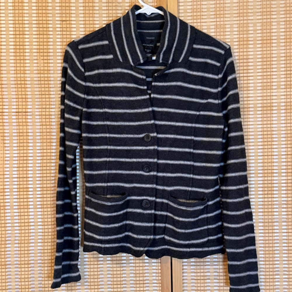 Tahari Merino Wool Blend Striped Cardigan Sweater Charcoal Gray White L Preppy